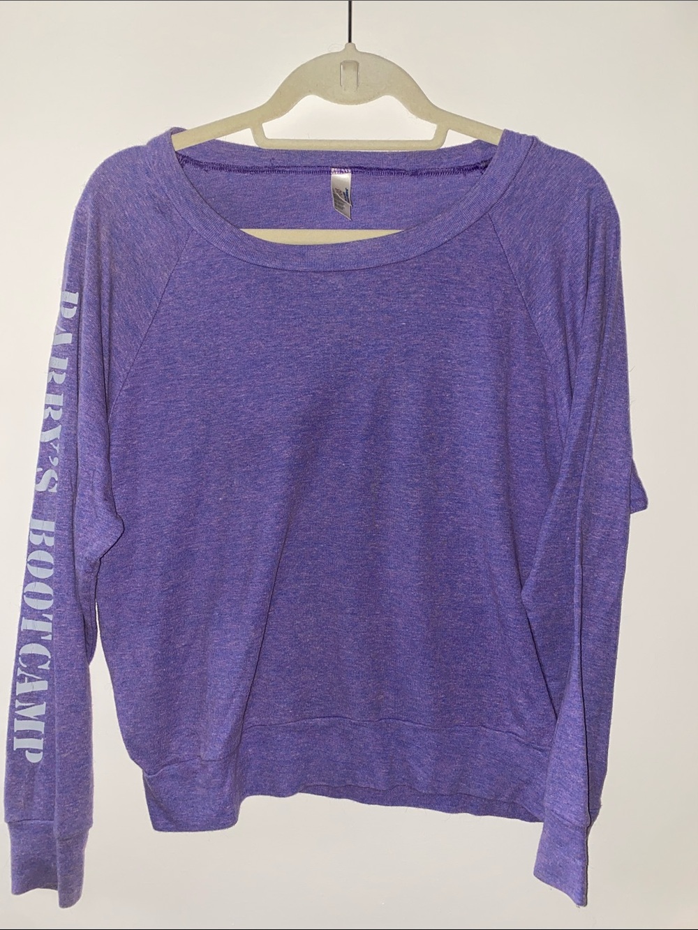 American Apparel Heather Purple Crewneck Pullover Barry’s Bootcamp logo
On arm